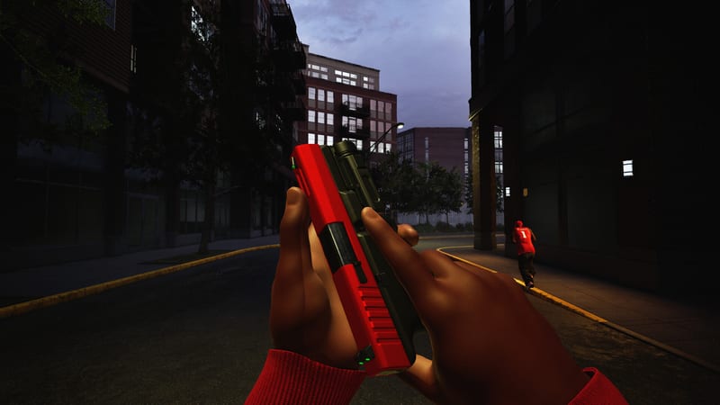 Hood Warfare 2 first-person view on a city street at dusk